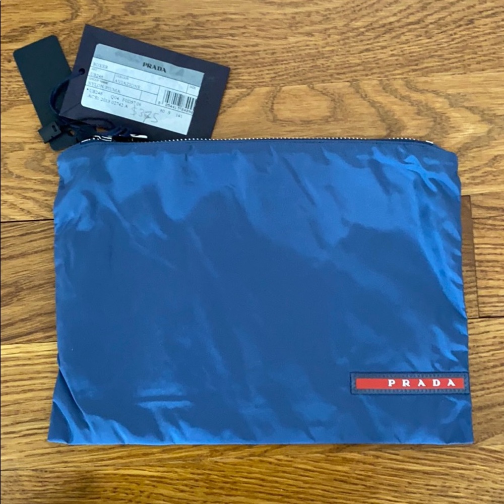 NEW Prada cosmetic bag blue Linea Rossa clutch